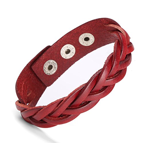 CCBFY Genuine Leather Bracelet Braided Sporty Wide Wristband Punk Jewelry for Men Women - color: 1 Piece - Wine Red