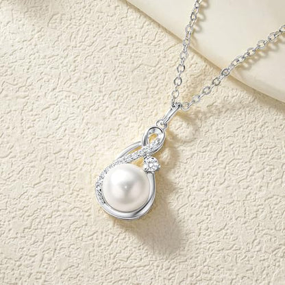 Freshwater Pearl Necklace for Women | 14K Gold Plated Infinity Pendant Fine Jewelry | Dainty Everyday Layering Chain with Lobster Clasp - color: Silver Moissanite