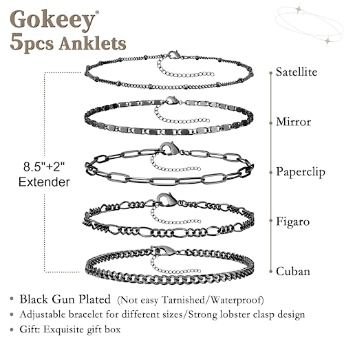 Gokeey Ankle Bracelets for Women Waterproof, 14k Gold Plated Jewelry Set Layered Cuban Figaro Link Chain Anklets Set Gold Anklets Summer Boho Beach Jewelry Gift Adjustable Size - color: Black