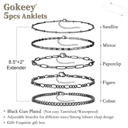 Gokeey Ankle Bracelets for Women Waterproof, 14k Gold Plated Jewelry Set Layered Cuban Figaro Link Chain Anklets Set Gold Anklets Summer Boho Beach Jewelry Gift Adjustable Size - color: Black