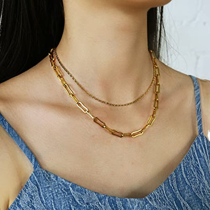 Elegance 11 designs Gold/Silver Stainless Steel Layered Set Necklace Square Linear Paperclip Figaro Chain Flat Chain Thick Short Metal Men's Women's Pop Necklace - color: Gold 2 Layers