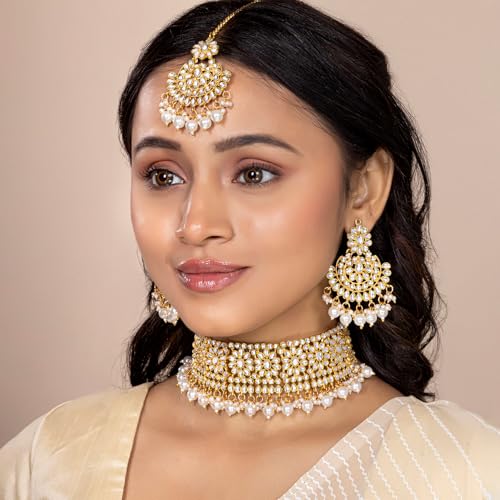 Aheli Faux Pearl Choker Necklace with Earrings Indian Traditional Bollywood Jewelry Set Gift for Women - color: White & Gold