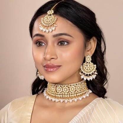 Aheli Faux Pearl Choker Necklace with Earrings Indian Traditional Bollywood Jewelry Set Gift for Women - color: White & Gold