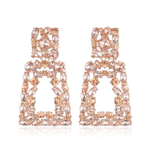Flyonce Rectangle Clip-on Drop Earrings for Women, Sparkly Rhinestone Crystal Geometric Statement Non Pierced Earring Wedding Prom Party Jewelry for Brides Bridesmaid - color: Champagne Color