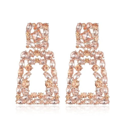 Flyonce Rectangle Clip-on Drop Earrings for Women, Sparkly Rhinestone Crystal Geometric Statement Non Pierced Earring Wedding Prom Party Jewelry for Brides Bridesmaid - color: Champagne Color
