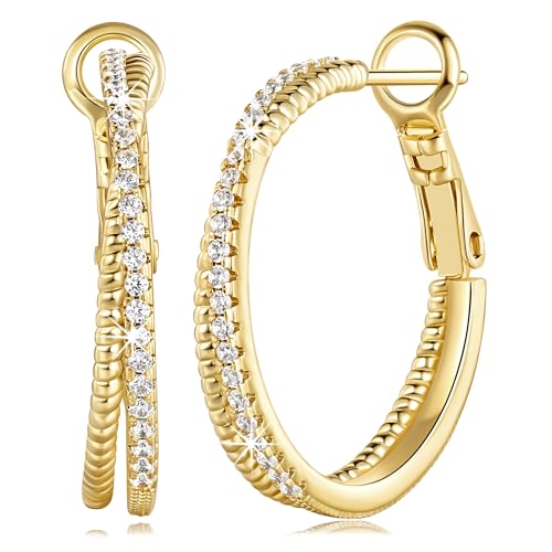 SANDRA REDD Gold Hoop Earrings 14K Gold Earrings for Women Gold Earrings | Cubic Zirconia 14K Gold Hoop Earrings for Women Hypoallergenic Lightweight Gold Hoop Earrings for Women 25/30/40mm - size: 25mm