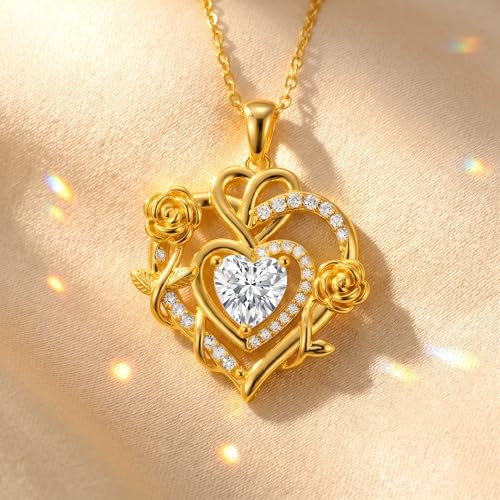 KQ&TTENG Heart Necklaces for Women 14K Gold Plating Hearts Necklace CZ Romantic Rose Pendant Mothers Day Anniversary Birthday Gift for Wife Mom Her - style: 14-Double Rose Heart Necklace