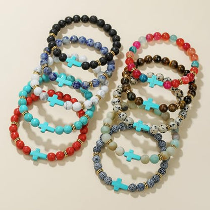 Beaded Bracelets Cross Bracelet for Women Men Lava Rock Turquoise Tiger Eye Natural Bracelet Anxiety Healing - color: 10 Pcs- green cross