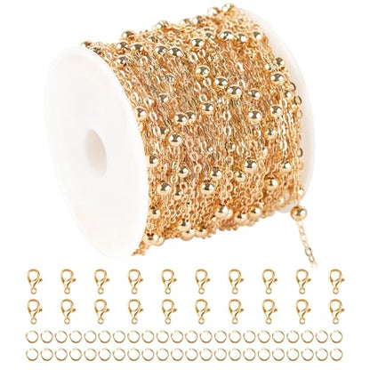 KYUNHOO 32.8 Feet Beaded Jewelry Chain Roll Light Gold Plated Cable Chain Links Soldered Iron Chain on Spool Necklace Making Supplies Thin Chain for Women DIY Craft Jewelry Finding - color: Bead Gold