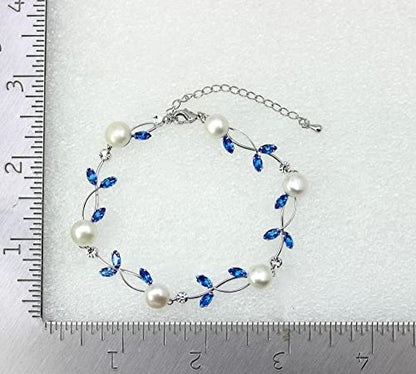 Faship Genuine Freshwater Pearls Floral Necklace Earrings Set | Premium CZ Crystal, Gorgeous, Sparkling - color: Blue / Matching Bracelet