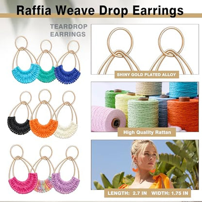 Raffia Hoop Earrings for Women Fun Boho Summer Beach Earrings Lightweight Handmade Straw Wicker Rattan Dangle Earrings Statement Geometric Round Drop Earrings - color: Black - Teardrop