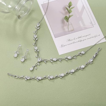 EVER FAITH Cubic Zirconia Pearl Leaf Bridal Jewelry Set for Bride Women | White Wedding Prom Necklace Dangle Earrings Bracelet, for Bridesmaid - color: CZ_Clear Silver-Plated-Brass