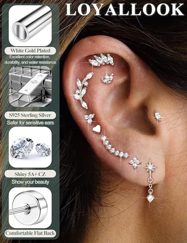 925 Sterling Silver Flat Back Stud Earrings for Women Hypoallergenic | 14K Gold Plated Cartilage Earrings for Sensitive Ears | Leaf Flower CZ Helix Tragus Piercing Jewelry - color: Silver-4cz