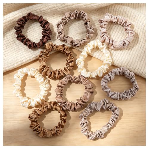 Scrunchies Silk Satin Hair Ties - Small Mini Thin Elestics Ponytail Holder Hair Bands Skinny Scrunchy For Thick Curl Hair No Crease Hair Ties Soft Accessories No Hurt Your Hair for Women and Girls - color: Warm Color