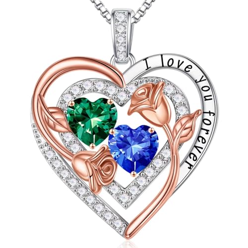 Iefil Heart Birthstone Necklace for Women - Double Birthstone Jewelry | 925 Sterling Silver, Gift Box Packaging, Anniversary Birthday Gifts for Women Wife Mom - color: 05-09-May-Sept Birthstone