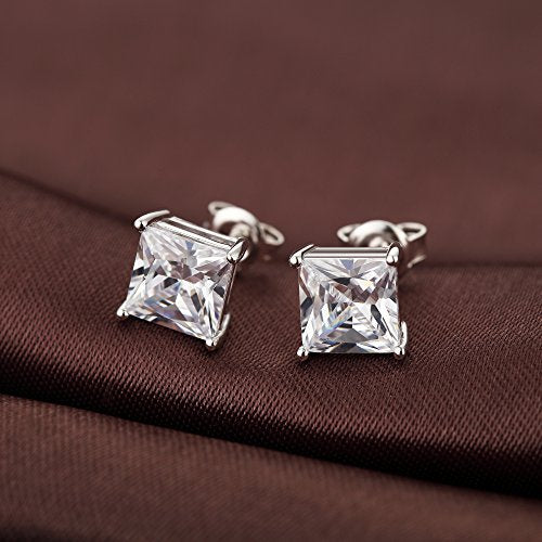 Jiamiaoi 18K White Gold Plated Stud Earrings 925 Sterling Silver Round and Square Cut Princess Cut 5A+ Cubic Zirconia Stud Earrings 4mm to 8mm Fashion Jewelry for Men Women - color: B-Silver-Square, size: 6mm