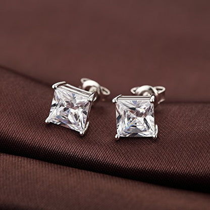 Jiamiaoi 18K White Gold Plated Stud Earrings 925 Sterling Silver Round and Square Cut Princess Cut 5A+ Cubic Zirconia Stud Earrings 4mm to 8mm Fashion Jewelry for Men Women - color: B-Silver-Square, size: 7mm