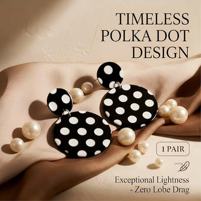 Gorgeous Black And White Earrings - Stylish Polka Dot Earrings. Beautiful Acrylic Dangle Drops, Lightweight Retro Geometric Jewelry To Elevate Daily Outfits Smoothly.