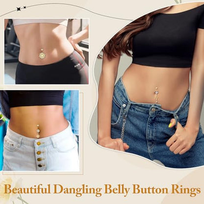 Lucomb Belly Rings for Women, 14G Belly Button Rings for Women Stainless Steel Dangle Belly Piercings Jewelry Rings with Hear Moon Butterfly Flowers - color: Gold