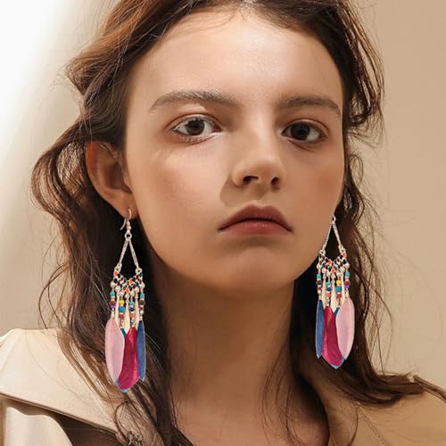 Faux Feather Fringe Tassel Long Dangle Earrings for Women | Bohemian Women Tassel Drop Jewelry - color: colorful
