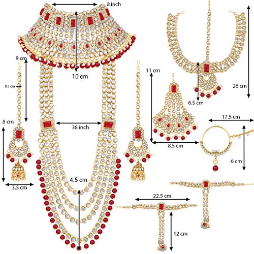 Aheli Traditional Wedding Indian Bharatanatyam jewellery set Long Choker Necklace Earrings Maang Tikka Nath Paasa Hath Phool for Women - color: Red