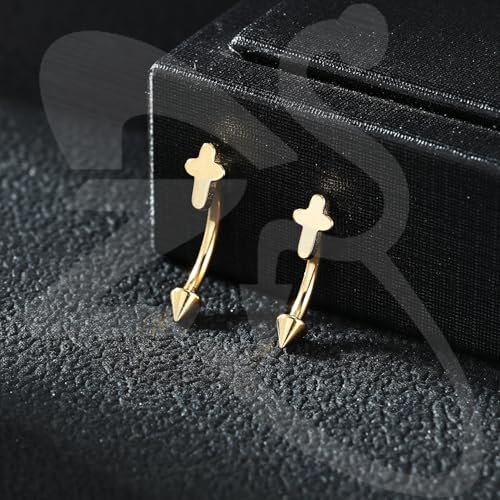ZS 2 Pairs Stainless Steel Eyebrow Rings, 16G Curved Belly Rings Navel Barbell Helix Daith Tragus Earrings, 8/10mm Spike Vertical Labret Lip Piercing Jewelry - color: Gold,Cross-L:8/10mm