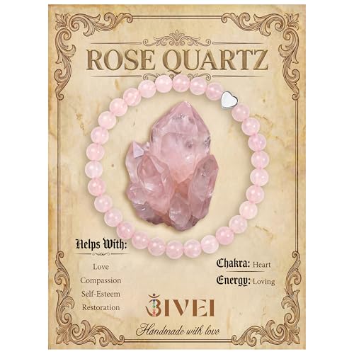 Bivei Crystal Stretch 6mm Bracelets for Women | Handmade Natural Stone Beaded Stretch Bracelet, Stainless Steel Heart Bead, Tranquility Yoga Gift Jewelry for Women - color: Rose Quartz - Self-Love