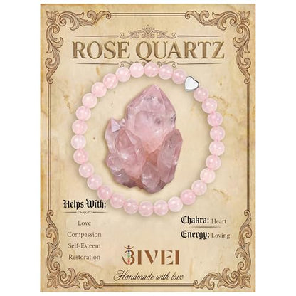 Bivei Crystal Stretch 6mm Bracelets for Women | Handmade Natural Stone Beaded Stretch Bracelet, Stainless Steel Heart Bead, Tranquility Yoga Gift Jewelry for Women - color: Rose Quartz - Self-Love