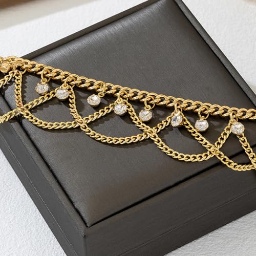 Gold Anklet for Women, Spiral Sun Charm Layered Boho Beach Ankle Bracelet Adjustable Double Chain Summer Beachy Ocean Jewelry Gift - color: Rhinestones