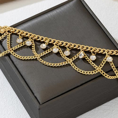 Gold Anklet for Women, Spiral Sun Charm Layered Boho Beach Ankle Bracelet Adjustable Double Chain Summer Beachy Ocean Jewelry Gift - color: Rhinestones