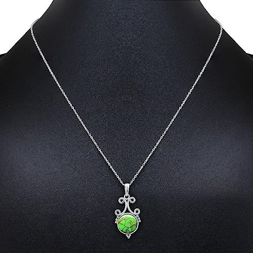 Natural Round Gemstone Pendant Necklace for Women, 925 Sterling Silver | Solitaire Birthstone Jewelry With 18 Inch Chain, Handmade Semi Precious Stone Pendant, Jewelry Gift for Mom, Wife & Sister - color: Green Copper Turquoise