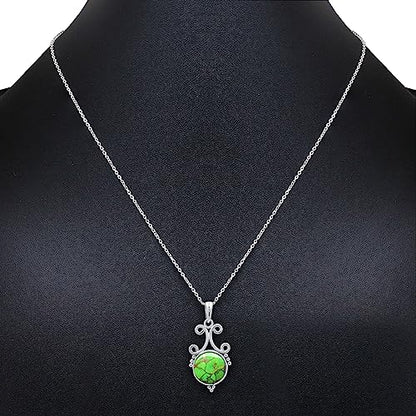 Natural Round Gemstone Pendant Necklace for Women, 925 Sterling Silver | Solitaire Birthstone Jewelry With 18 Inch Chain, Handmade Semi Precious Stone Pendant, Jewelry Gift for Mom, Wife & Sister - color: Green Copper Turquoise