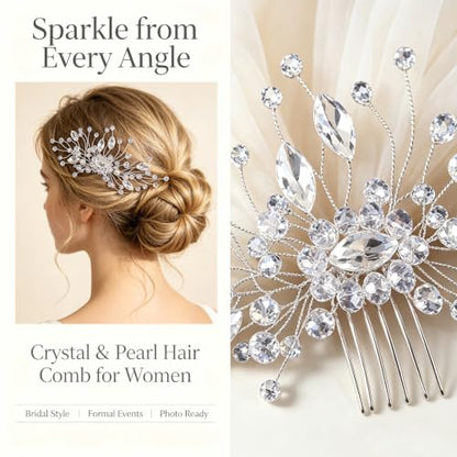 Wedding Hair Comb Pearl Crystal Bridal Hair Piece | Rhinestone Wedding Hair Accessories，Silver Hair Comb Clip for Women Wedding Party - color: Silver-837