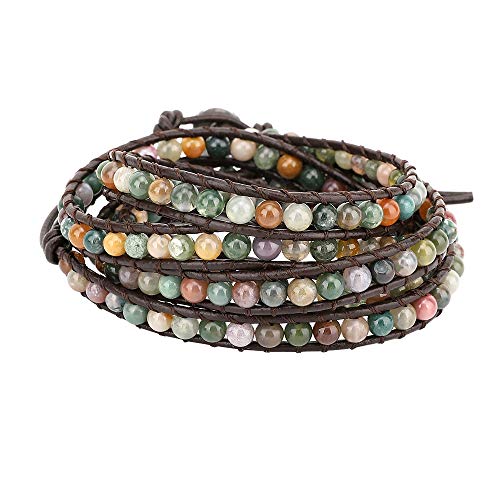 Emibele Layered Leather Bracelet, Rivet Leopard Print Bohemian Style Multilayer Wrap Bracelet, Handmade Agate Amethyst Chakra Crystal Glass Beaded Shell Bracelet for Women - color: Mixed Color