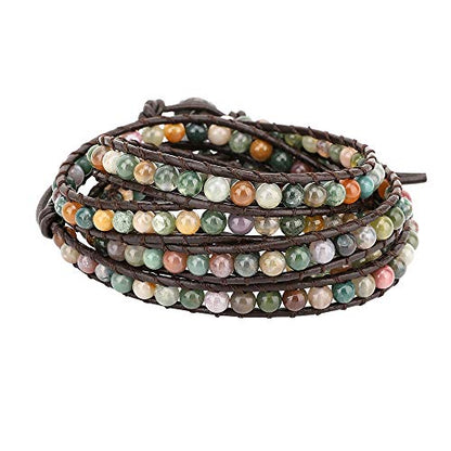 Emibele Layered Leather Bracelet, Rivet Leopard Print Bohemian Style Multilayer Wrap Bracelet, Handmade Agate Amethyst Chakra Crystal Glass Beaded Shell Bracelet for Women - color: Mixed Color