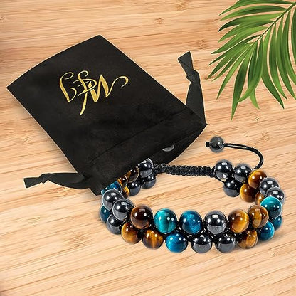 WFJ Black Obsidian Hematite Triple Protection Bracelets Set - Tiger Eye Beaded Natural Stone Bracelet for Men Women Gemstone (10MM) - color: Blue Yellow Tiger's Eye Hematite