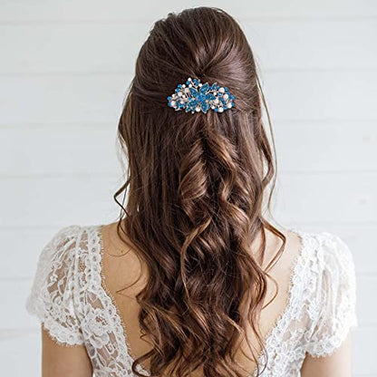 EVER FAITH Austrian Crystal Bridal Hibiscus Flower Leaf Cream Simulated Pearl Hair Clip Barrette Navy Blue Silver-Tone - color: Navy Blue Silver-Tone
