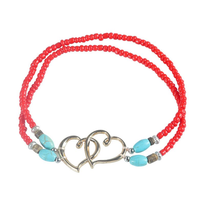 Elastic Beaded Ankle Bracelets for Women Double Heart Layered Stretch Ankle Bracelets Waterproof Dainty Boho Beaded Anklets for Summer Beach Foot Jewelry - color: Red Silver