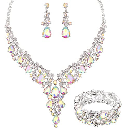 CSY Elegant Crystal Costume Jewelry Sets Flower Bridal Necklace Earrings Stretch Bangle Set for Bride Bridesmaid Wedding Dress Accessories - color: AB crystal