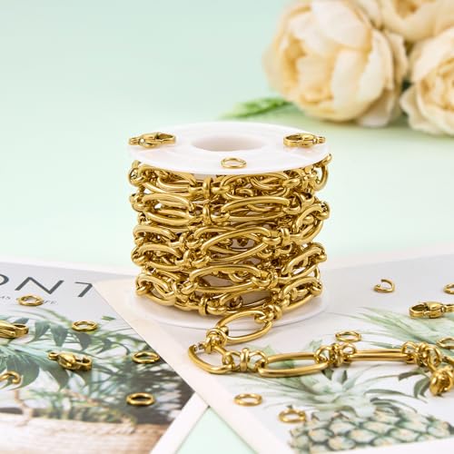 2 Meters Gold Plated Jewelry Making Chain Stainless Steel Long Oval Link Chains Bulk with Jump Rings and Lobster Clasps - color: Long Oval Gold