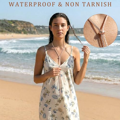 Chunky Long Y Necklace for Women, Waterproof Herringbone Drop Dangle Necklace, Adjustable Lightweight Trendy Fashion Slip Tie Necklace, Thin Layered Choker Chest Chain - color: Rose Gold
