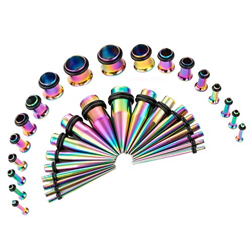 36pcs Ear Stretching Kit 14G-00G Surgical Steel Tapers Tunnels Gauges Set for Starter Women and Men Expanders Body Piercing Jewelry - color: Rainbow