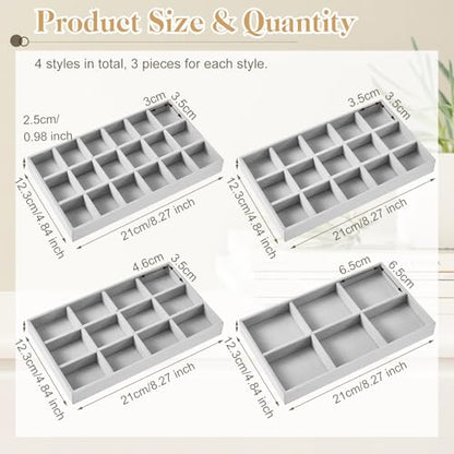 12 Pcs Jewelry Tray Velvet Stackable Jewelry Organizer Trays Divided Earring Accessories Storage Containers Box (Rose Red) - color: Gray