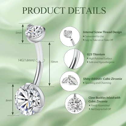FUNLMO 14G Belly Button Ring Titanium Belly Button Piercing Belly Ring Internally Threaded Navel Piercing Jewelry - color: Silver-Clear CZ