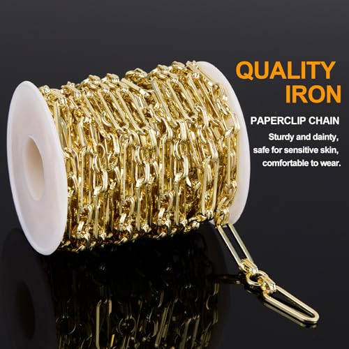 KYUNHOO 5 Meters Light Gold Plated Jewelry Making Chains on Spool | Chunky Iron Jewelry Chain Roll Circle and Paperclip Chain Link for Crafts - color: Paperclip Circle Gold