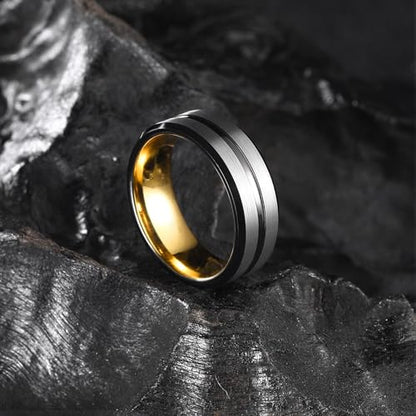 King Will Mens 8mm Cross Groove Tungsten Carbide Wedding Ring | Rose Gold, 8mm, Grooved, Comfort Fit, Cross design, Everyday Wear - color: Gunmetal-Gold Plated 8mm