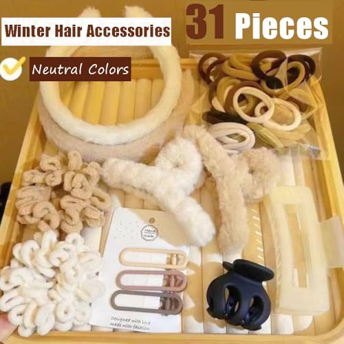 Ouliget Hair Accessories Set for Women, Fuzzy Hair Bands Fuzzy Headband Acrylic Claw Hair Clips Nonslip Jaw Clip Elastic Hair Band,Neutral Colors Winter Hair Accessories,31 Pieces