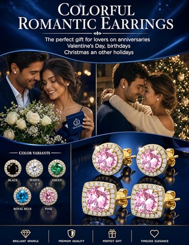 2 Pairs S925 Sterling Silver Stud Earrings for Women Halo Cubic Zirconia | 14K Gold Plated Hypoallergenic Non Tarnish Round Square Silver Stud Earring for Women Men Dainty Trendy Jewelry - style: Gold-Pink Stone