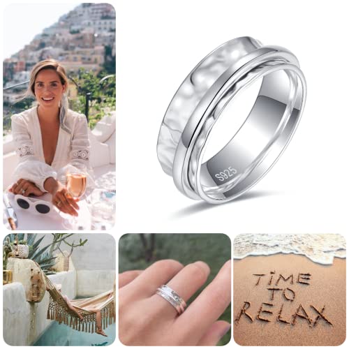 925 Sterling Silver Anxiety Ring with Beads Fidget Spinning Rings for Women Worry Beads Rings - color: hammered design A