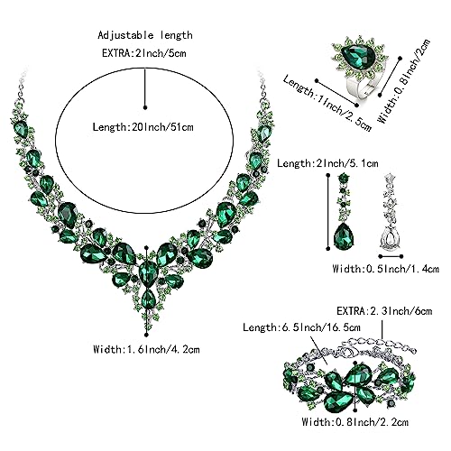 Wedding Bridal Jewelry Set for Women Bride Bridesmaids | Gorgeous Austrian Crystal Teardrop Cluster Statement Necklace Dangle Earrings Link Bracelet Set Prom Jewellery - color: 4Pcs-Emerald Color